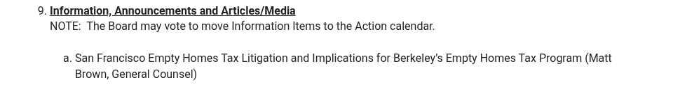 Berkeley Rent Stabilization Board agenda item concerning San Francisco Empty Homes Tax litigation and implications for Berkeley's Empty Homes Tax Program